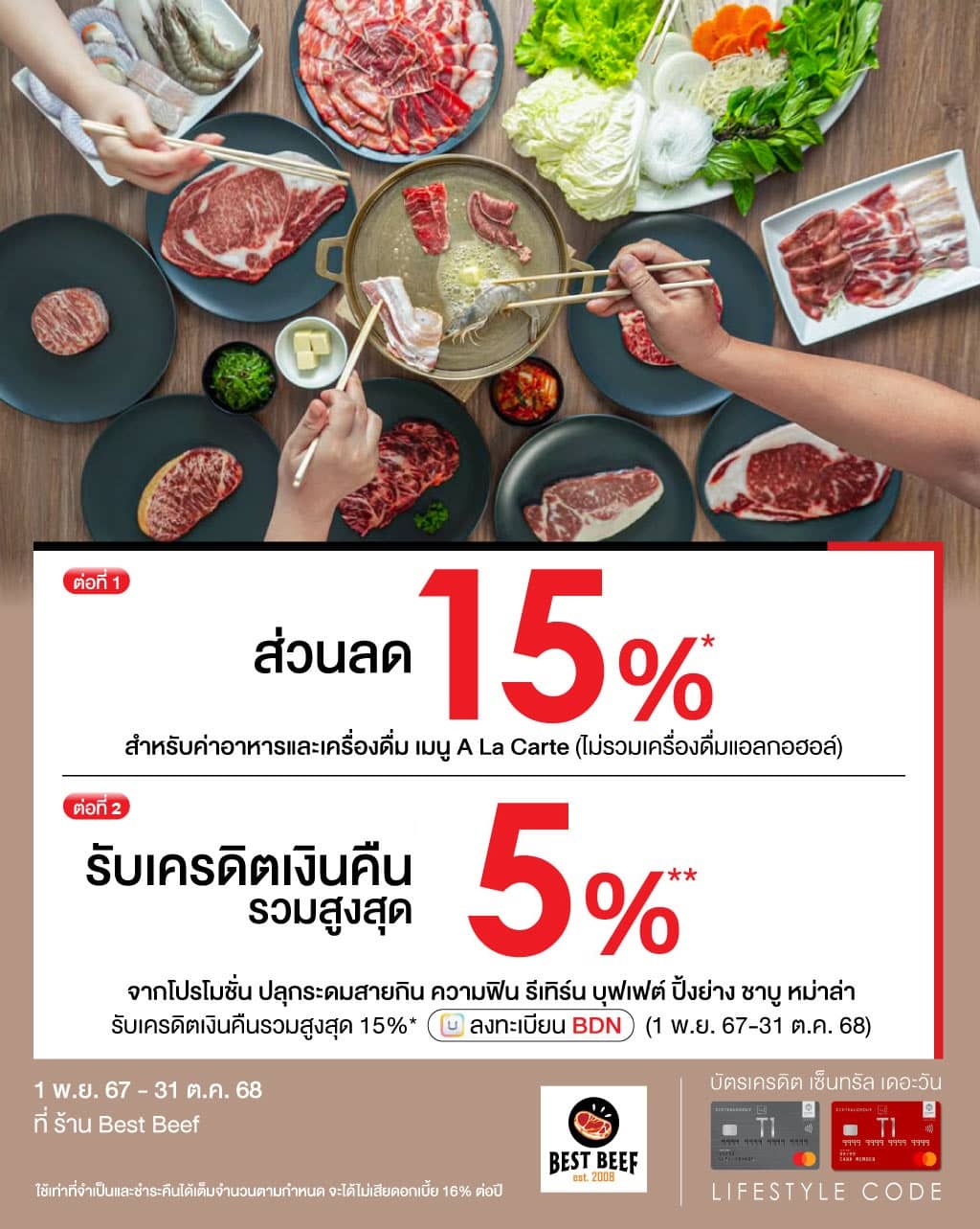 รับส่วนลด 15%*+ รับเครดิตเงินคืนรวมสูงสุด 5%** ที่ร้าน Best Beef 