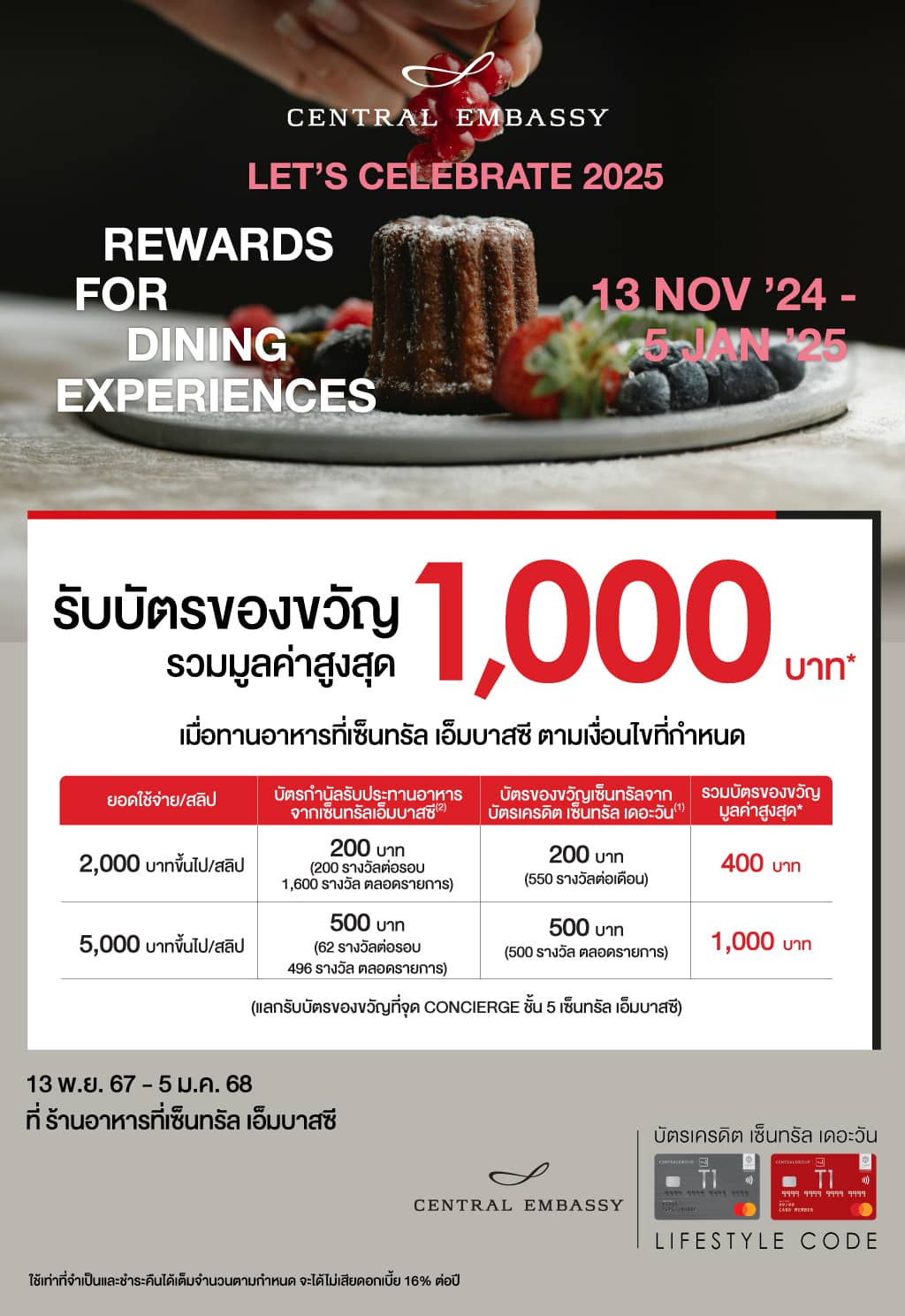 รับบัตรของขวัญรวมมูลค่าสูงสุด 1,000 บาท* ร้านอาหารที่เซ็นทรัล เอ็มบาสซี | บัตรเครดิต | สมัครบัตรเครดิต | สมัครบัตรเครดิตออนไลน์ | สิทธิประโยชน์บัตรเครดิต | สมัครสินเชื่อออนไลน์ | บัตรเครดิต ผ่อน 0% | บัตรเครดิต ใช้ต่างประเทศ | บัตรเครดิต ท่องเที่ยว | บัตรเครดิตเติมน้ำมัน