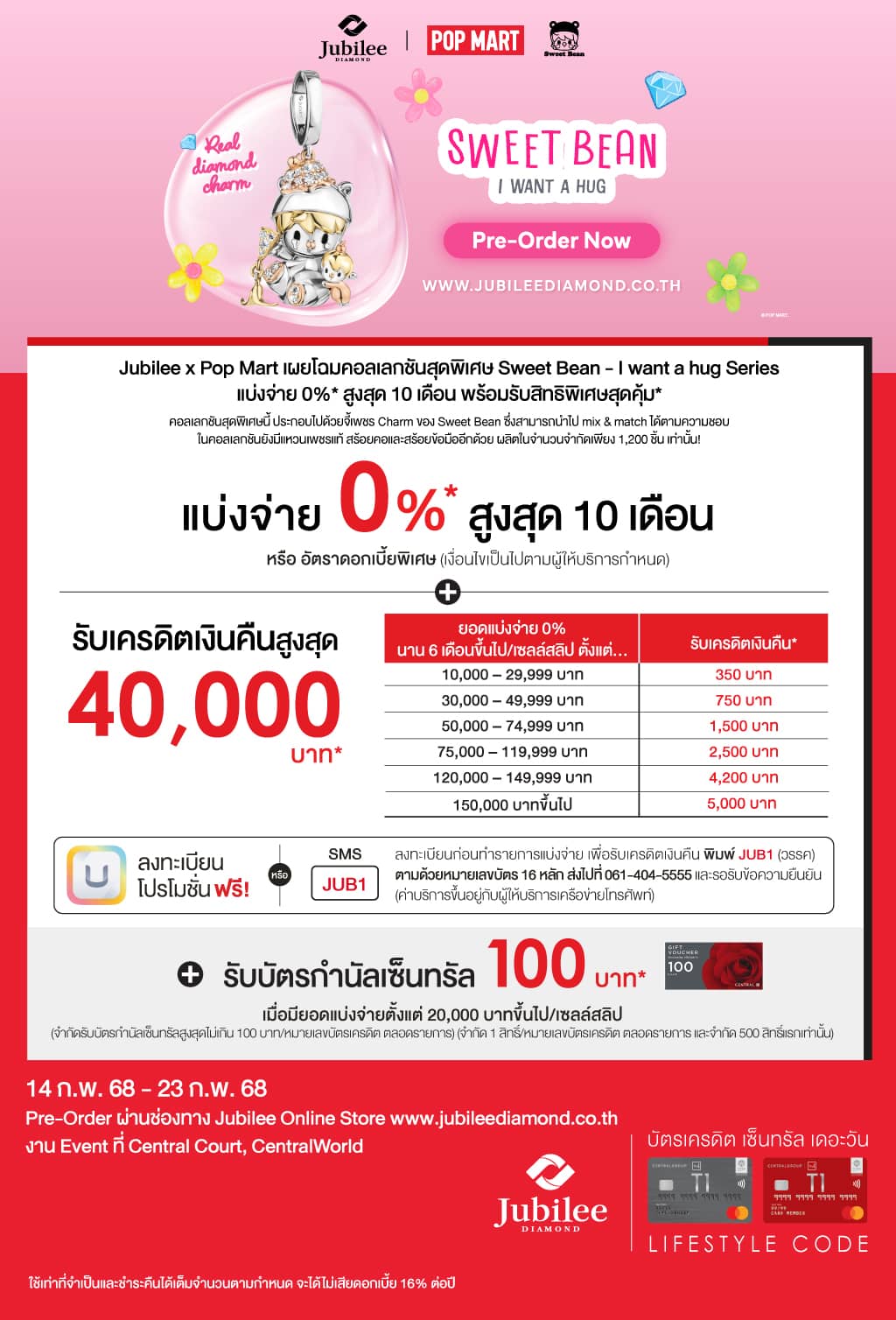 แบ่งจ่าย 0%* สูงสุด 10 เดือน+รับเครดิตเงินคืนสูงสุด 40,000 บาท* + รับบัตรกำนัลเซ็นทรัล 100 บาท* งาน Event Jubilee x Pop Mart ที่ Central Court, CentralWorld