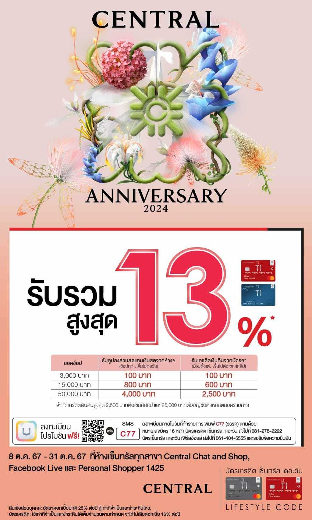 ฉลองครบรอบ 77 ปี ห้างเซ็นทรัล รับรวมสูงสุด 13%* ที่ห้างเซ็นทรัลทุกสาขา, Central Chat and Shop, Facebook Live, Personal Shopper 1425 | บัตรเครดิต | สมัครบัตรเครดิต | สมัครบัตรเครดิตออนไลน์ | สิทธิประโยชน์บัตรเครดิต | สมัครสินเชื่อออนไลน์ | บัตรเครดิต ผ่อน 0% | บัตรเครดิต ใช้ต่างประเทศ | บัตรเครดิต ท่องเที่ยว | บัตรเครดิตเติมน้ำมัน