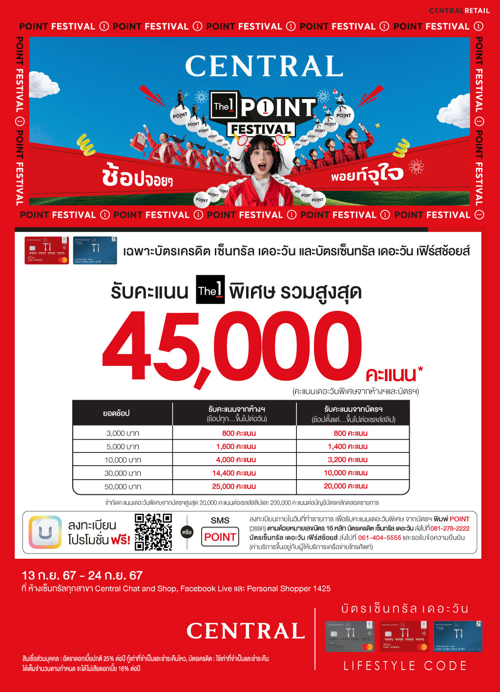 รับคะแนนเดอะวันพิเศษรวมสูงสุด 45,000 คะแนน ห้างเซ็นทรัลทุกสาขา Central Chat and Shop, Facebook Live, Personal Shopper 1425 | บัตรเครดิต | สมัครบัตรเครดิต | สมัครบัตรเครดิตออนไลน์ | สิทธิประโยชน์บัตรเครดิต | สมัครสินเชื่อออนไลน์ | บัตรเครดิต ผ่อน 0% | บัตรเครดิต ใช้ต่างประเทศ | บัตรเครดิต ท่องเที่ยว | บัตรเครดิตเติมน้ำมัน