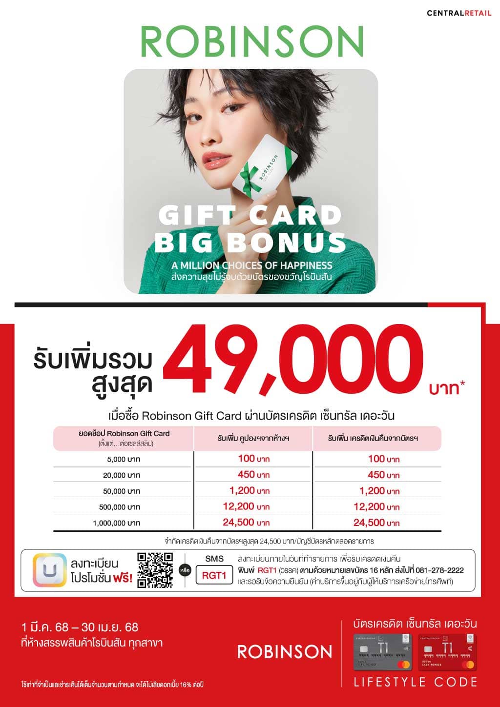 ซื้อ Robinson Gift Card รับเพิ่มรวมสูงสุด 49,000 บาท* ที่ห้างสรรwสินค้าโรบินสันทุกสาขา