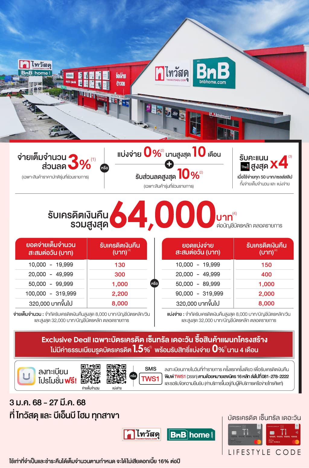 รับเครดิตเงินคืนรวมสูงสุด 64,000 บาท* ที่ไทวัสดุ และ บีเอ็นบี โฮม ทุกสาขา | บัตรเครดิต | สมัครบัตรเครดิต | สมัครบัตรเครดิตออนไลน์ | สิทธิประโยชน์บัตรเครดิต | สมัครสินเชื่อออนไลน์ | บัตรเครดิต ผ่อน 0% | บัตรเครดิต ใช้ต่างประเทศ | บัตรเครดิต ท่องเที่ยว | บัตรเครดิตเติมน้ำมัน