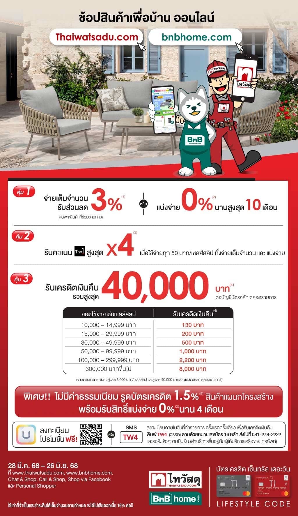 รับเครดิตเงินคืนรวมสูงสุด 40,000 บาท* ที่ www.thaiwatsadu.com, www.bnbhome.com, Chat & Shop, Call & Shop, Shop via Facebook และ Personal Shopper