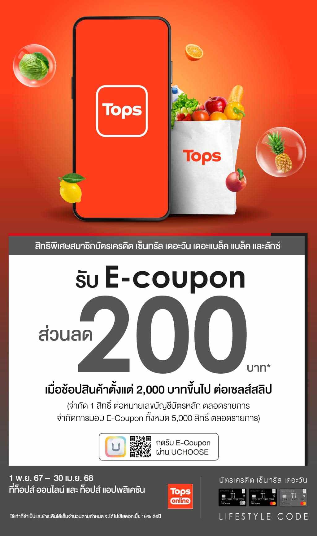 รับ E-coupon ส่วนลด 200 บาท* เมื่อช้อปสินค้าตั้งแต่ 2,000 บาทขึ้นไป ต่อเซลส์สลิป ที่ ท็อปส์ ออนไลน์ และ ท็อปส์ แอปพลิเคชัน | บัตรเครดิต | สมัครบัตรเครดิต | สมัครบัตรเครดิตออนไลน์ | สิทธิประโยชน์บัตรเครดิต | สมัครสินเชื่อออนไลน์ | บัตรเครดิต ผ่อน 0%