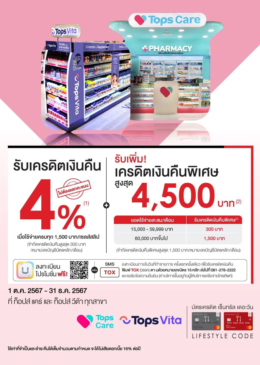 รับเครดิตเงินคืน 4%* + รับเพิ่ม! เครดิตเงินคืนพิเศษสูงสุด 4,500 บาท*  ที่ ท็อปส์ แคร์ และ ท็อปส์ วีต้า ทุกสาขา | บัตรเครดิต | สมัครบัตรเครดิต | สมัครบัตรเครดิตออนไลน์ | สิทธิประโยชน์บัตรเครดิต | สมัครสินเชื่อออนไลน์ | บัตรเครดิต ผ่อน 0% | บัตรเครดิต ใช้ต่างประเทศ | บัตรเครดิต ท่องเที่ยว | บัตรเครดิตเติมน้ำมัน